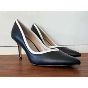 📹 White House Black Market Holly Black w Ecru Contrast Trim Leather Pumps Sz 7.5